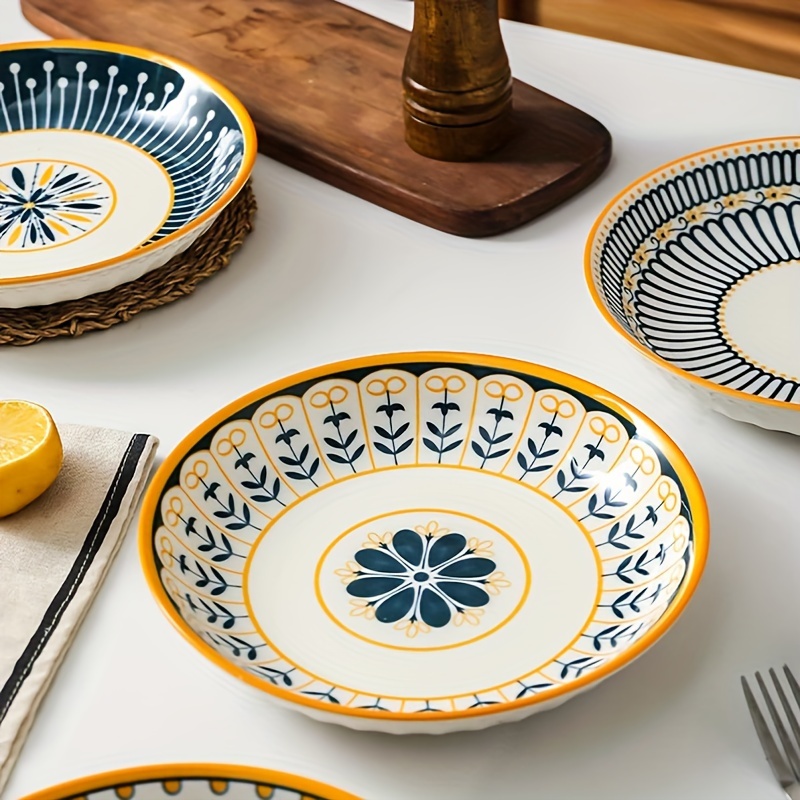

Boho Chic 4-piece Ceramic Plate Set - Vintage Floral Design For Desserts, Salads & Pasta - Round Serving Dishes, 8 Inches