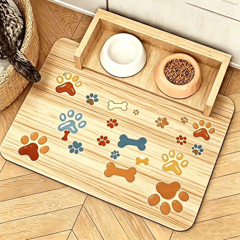 TEMU 1pc Pet Feeding Mat - Non-slip Quick-dry Geometric Fish Bone Paw Print Dog Bowl Mat, Durable Polyester Food And Water Bowl Pad, Suitable For