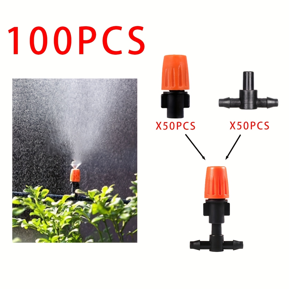 E-shop 50/100 Stück Verstellbare 1/4" Garten Tropfbewässerung Sprühdüse und T-Stück, Mikro Sprühbewässerungssystem Zusätze, für effektive Bewässerung
