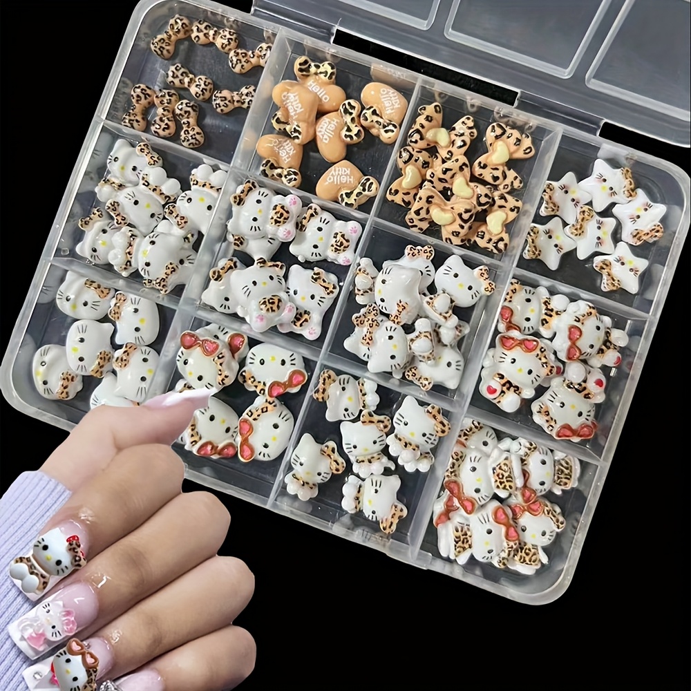 Image of A Set Of 72pcs Of Hello Kitty Leopard-themed Nail Art Charms, Featuring 3d Cute Cartoon Cat Designs. Flatback Hello Kitty Nail Decorations Are Perfect For , Phone Cases, And Hair Clip Embellishments