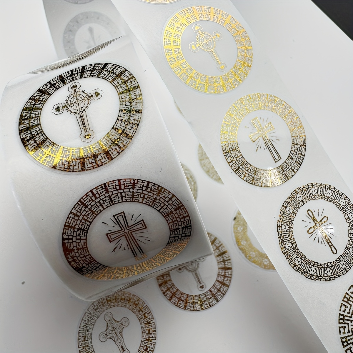 Image of 500pcs Foil Golden Cross Round Stickers Roll - Elegant Religious Decorative Seals For Scrapbooking, Journals, Planners, Gift Wrapping, Envelopes & Diy - Self-adhesive, Easy To