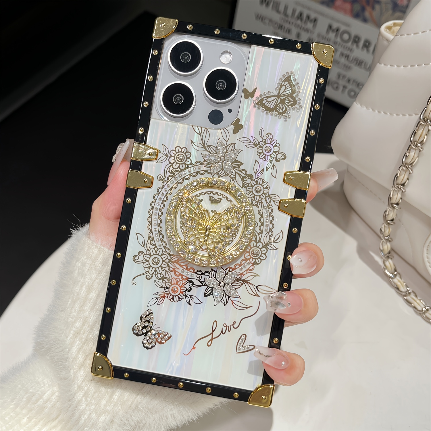 Luxury Laser Shell Pattern Case for iPhone 16 15 Pro Max 14 13 12 11 Plus Rhinestone Butterfly Stand Holder Shockproof Card