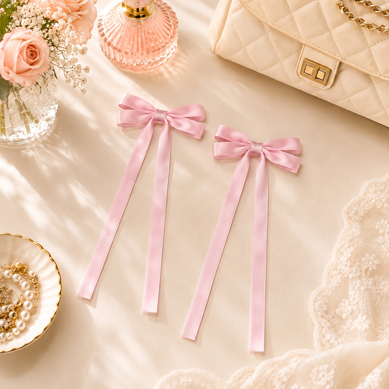 2pcs Long Ribbon Bow Hair Clips for Women, Elegant Barrettes