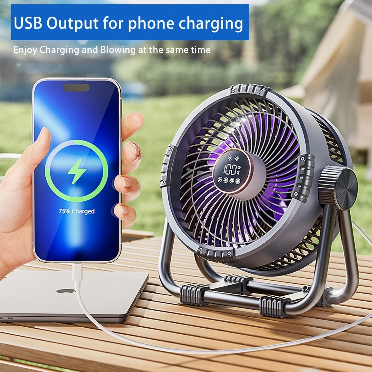 Camping Fan Designed for Outdoor Use, Capable of Blowing Cold Air Up to 30 Feet (10 Meters) Away, Featuring 4 Speed Settings And a 90-Degree Adjustable Tilt, Powered by a 20000Mah Battery And Equipped with a Hook
