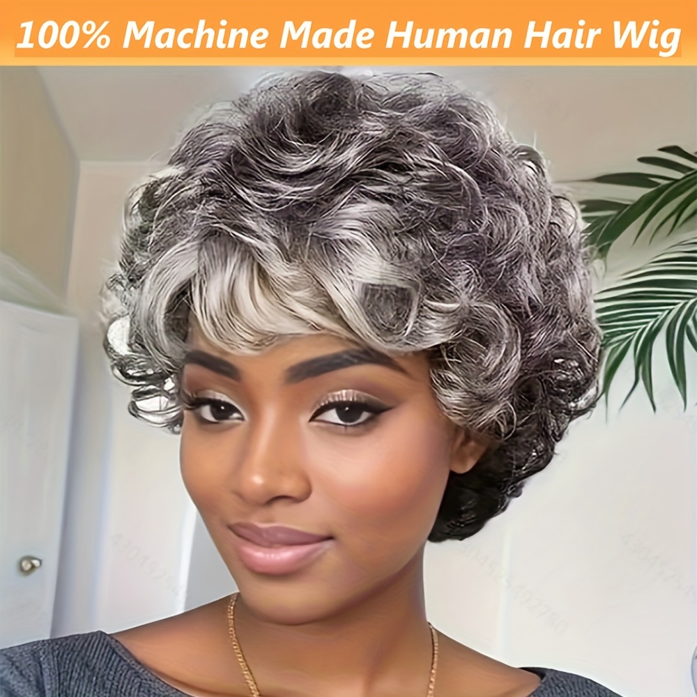

Short Pixie Cut Bob Human Hair Loose Wave Wigs For Women 1b/grey Color Pixie Wigs With Bangs Glueless Brazilian Hair Grey Mommy Wig 150% Density