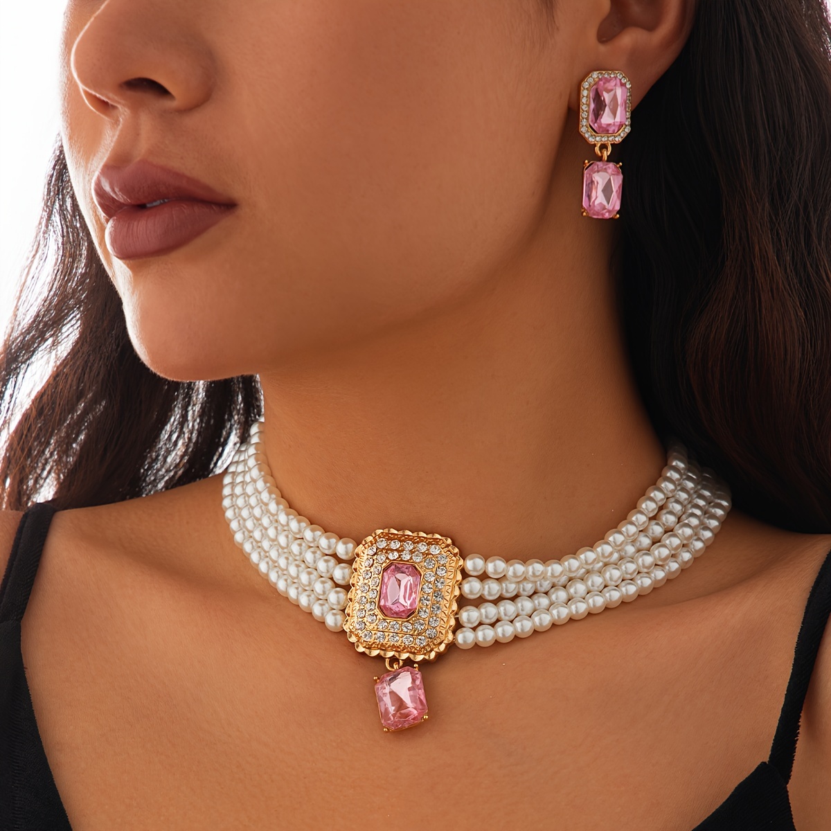 

Elegant, Luxurious 3-piece Imitation Pearl Necklace And Stud Earring Set With Rhinestone Accents And Square Acrylic Pink Stones - Jewelry For Wear