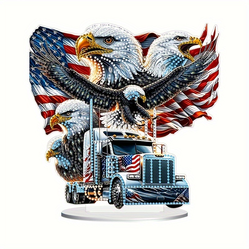 

Eagle & Flag Car 5d Diy Diamond Painting Kit, 9.6" X 9.6" Stand-up Acrylic Gem Art Set For Adults - Patriotic Desktop Decor With Box Pieceaging