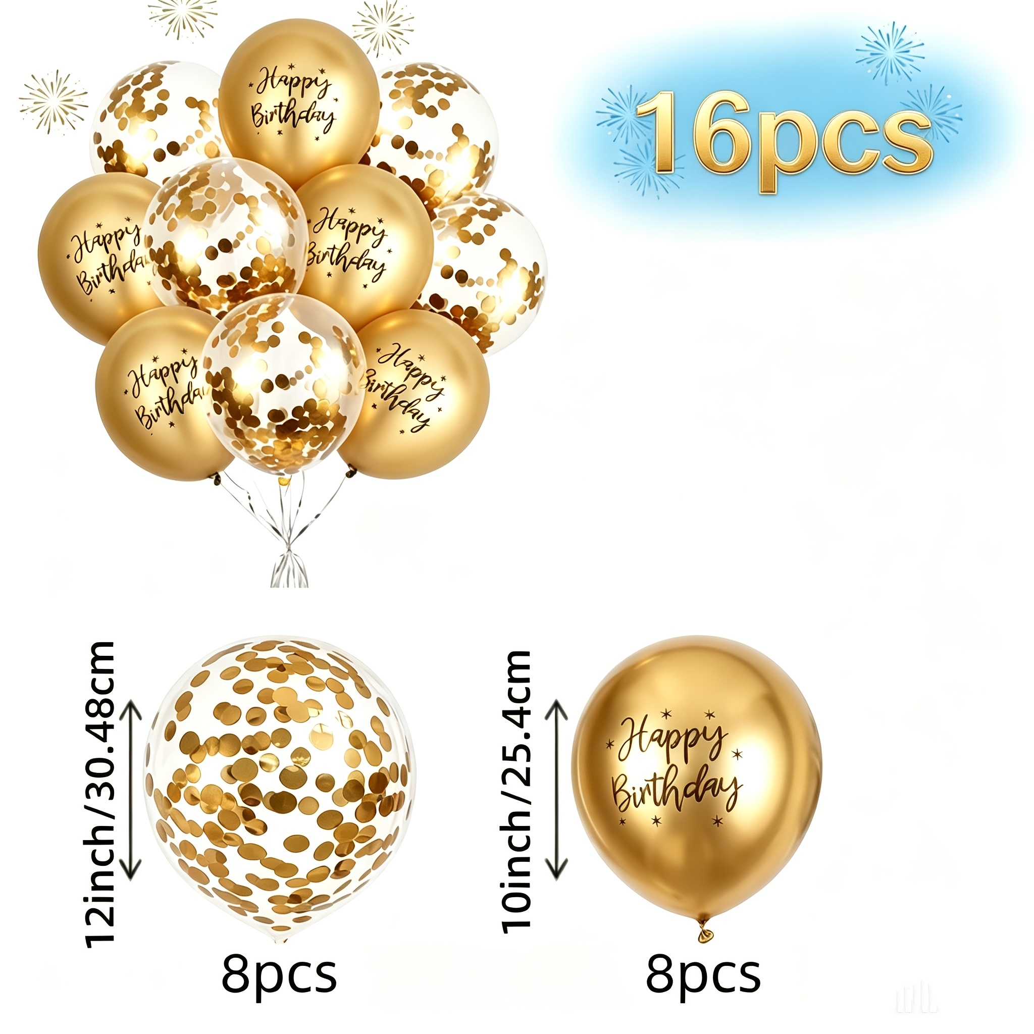 TEMU 16pcs, Golden And Silvery And Blue With Happy Birthday Metallic Balloons, Confetti Latex Balloons, Perfect For Decorating Baptisms, Gender