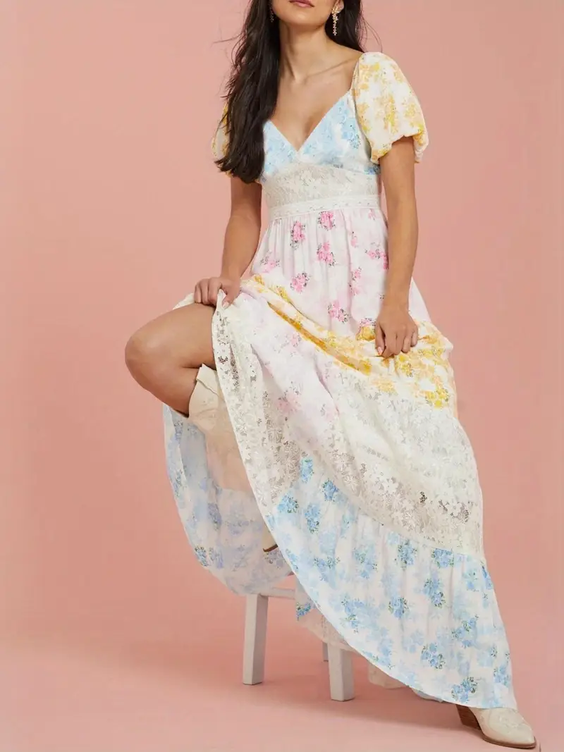 pastel flowy dress Holographic Foil Women's Midi Short Sleeve Sweetheart Neckline Sundress 2XS at Amazon Women's Clothing store Non Strech womens floral maxi dress floral