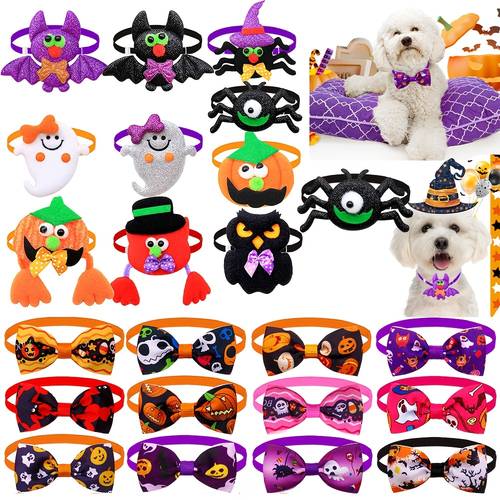 8pcs pack random styles multicolor suitable for puppies cats bat pumpkin owl felt bow ties adjustable collar neck accessories for small breed dogs cats for halloween parties up birthday outfits