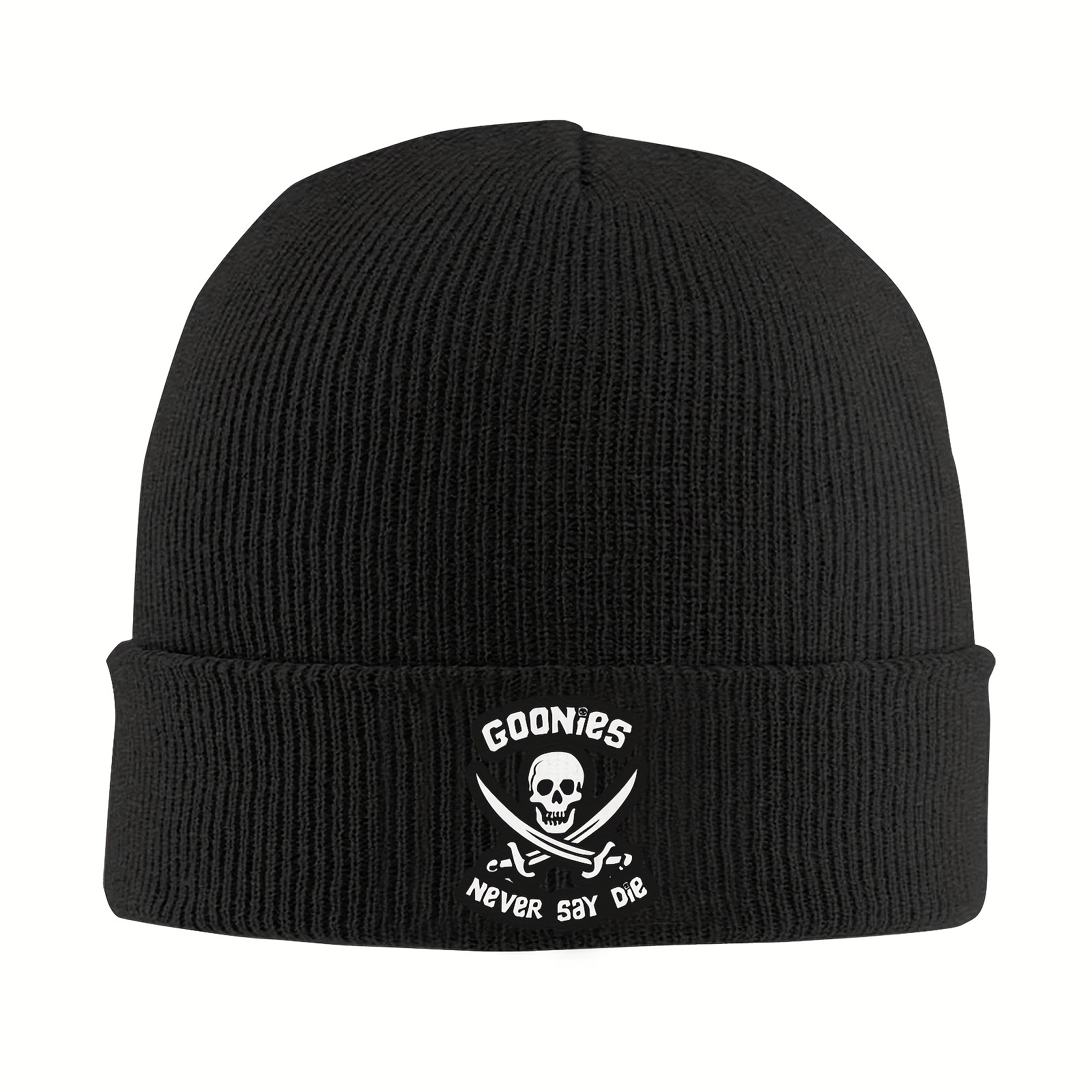 

1pc Acrylic Knit Beanie Hat With Goonies Never Say Die Emblem - Unisex Hand Washable Funky Style Cap For Men And Women - Outdoor Windproof Warm Ski Hat For Autumn And Winter