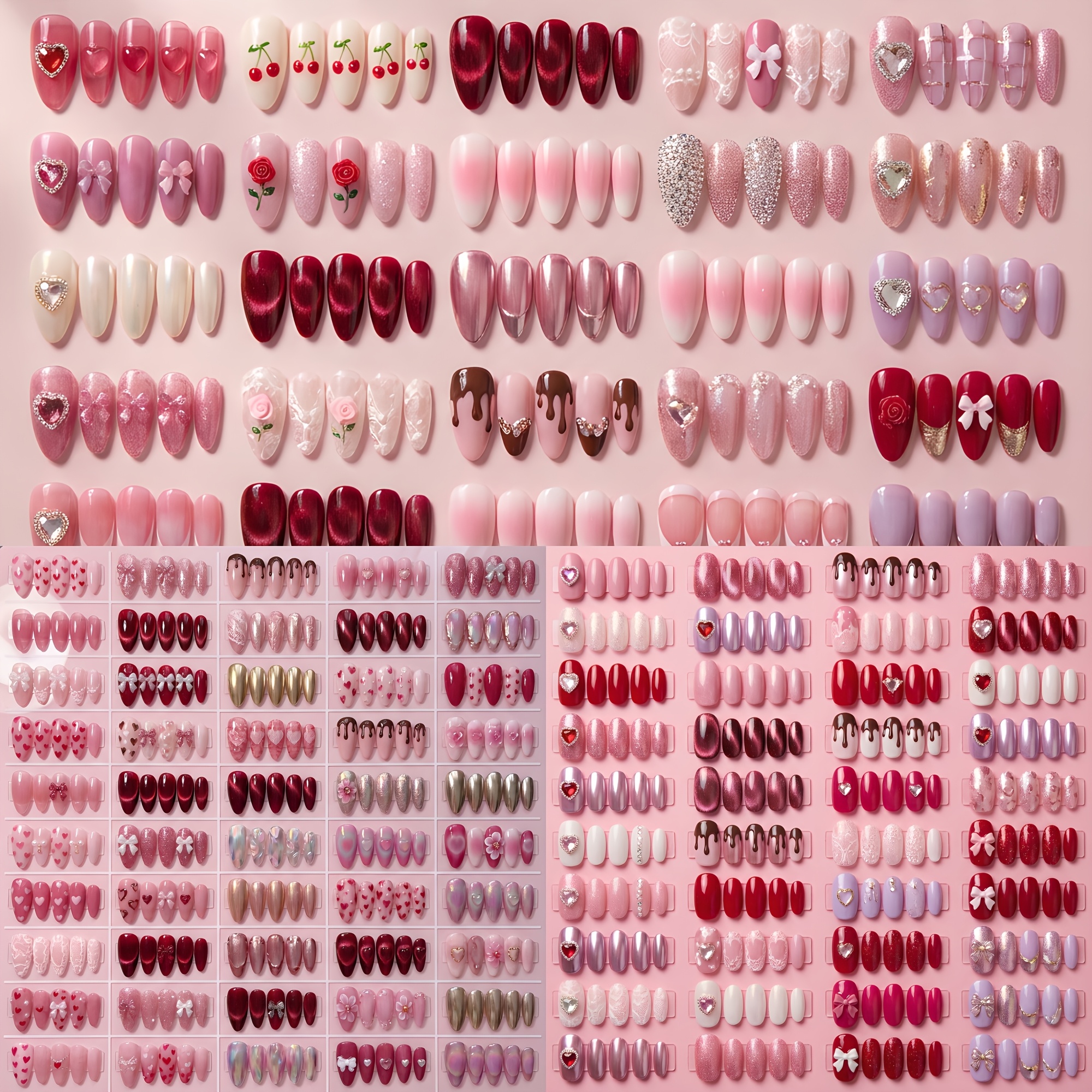 TEMU 96pcs Press On Nails Set, Valentine's Day Design With Heart Charms, Pink/red Tones, , Rose And Art, Smooth Gloss End Nail Tips In Mixed Sizes For Instant Gift