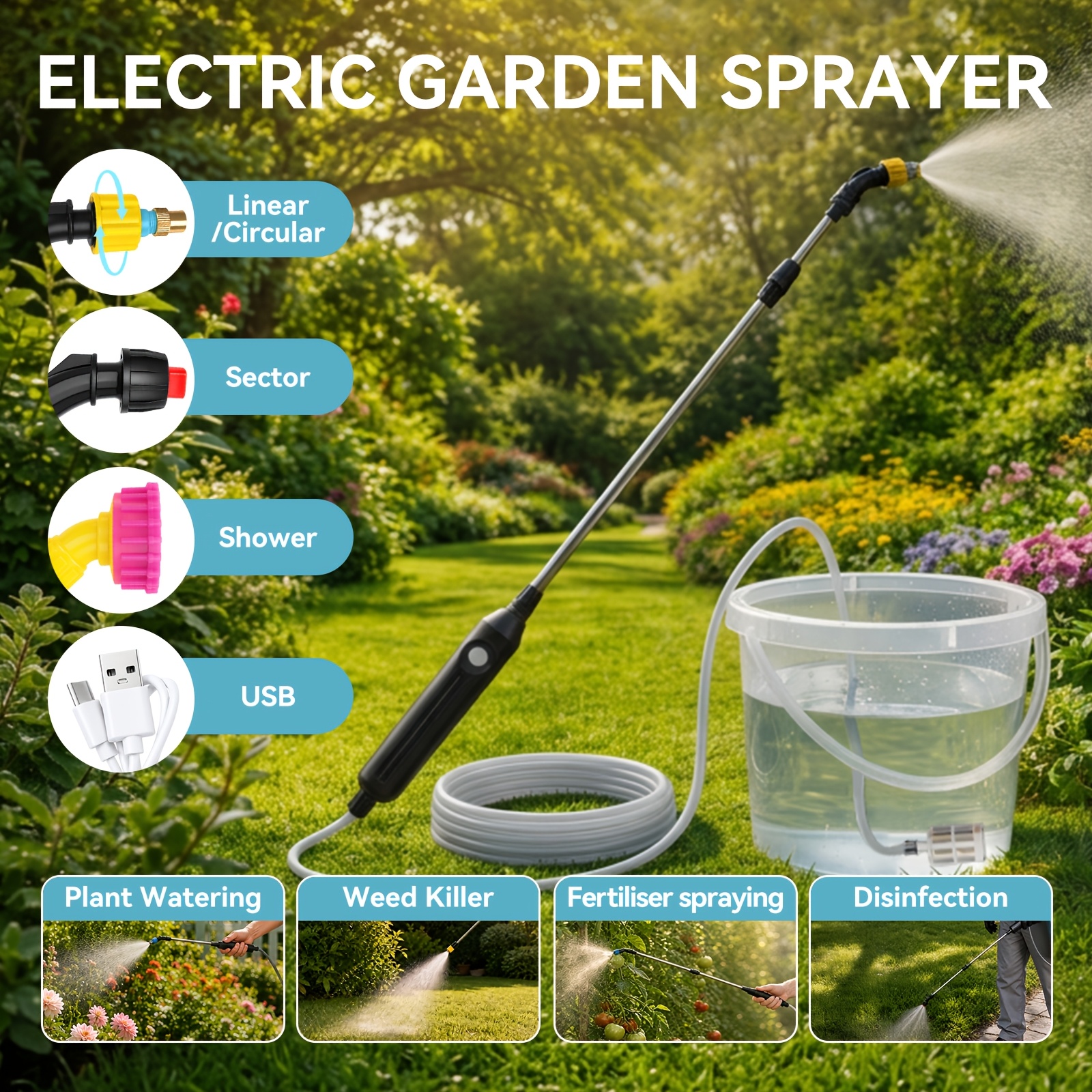 Image of Battery Powered Sprayer Hose, Electric Garden Sprayer With Telescopic Wand, 3 Nozzles, Portable Garden Sprayer, Electric Weed Sprayer Wand For Yard, Lawn, Weeds, Plants