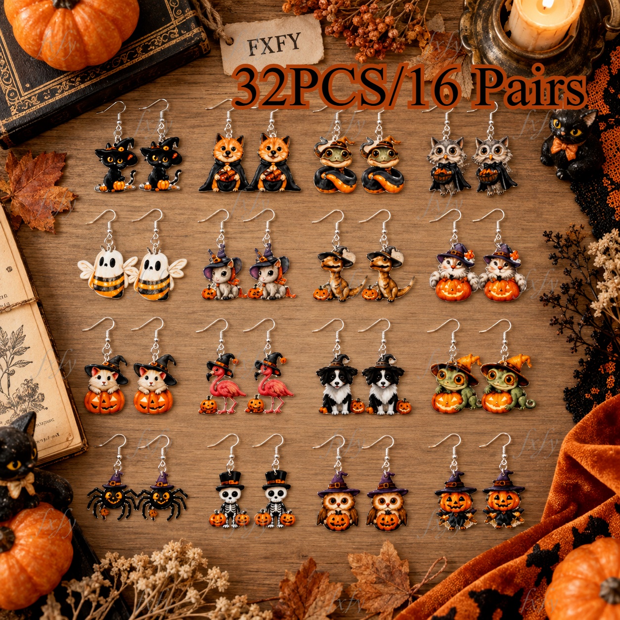 TEMU 32pcs/16-pair Vintage Cute Halloween Women's Dangle Earrings Set, Including Cat, Pumpkin, Owl, Spider, And Animal-shaped Earrings, Suitable For