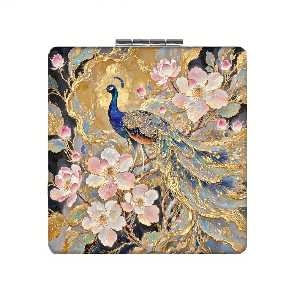 TEMU 1pc Luxury Peacock & Pink Flower Folding Mirror - Handheld Portable Mirror With Golden Branches, Polished Suitable For &, Elegant Makeup