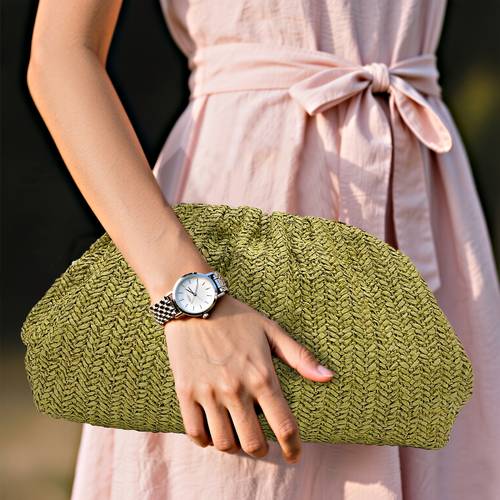 1pc womens light green woven paper beach tote bag large capacity clasp closure durable high quality for pool sand travel accessories