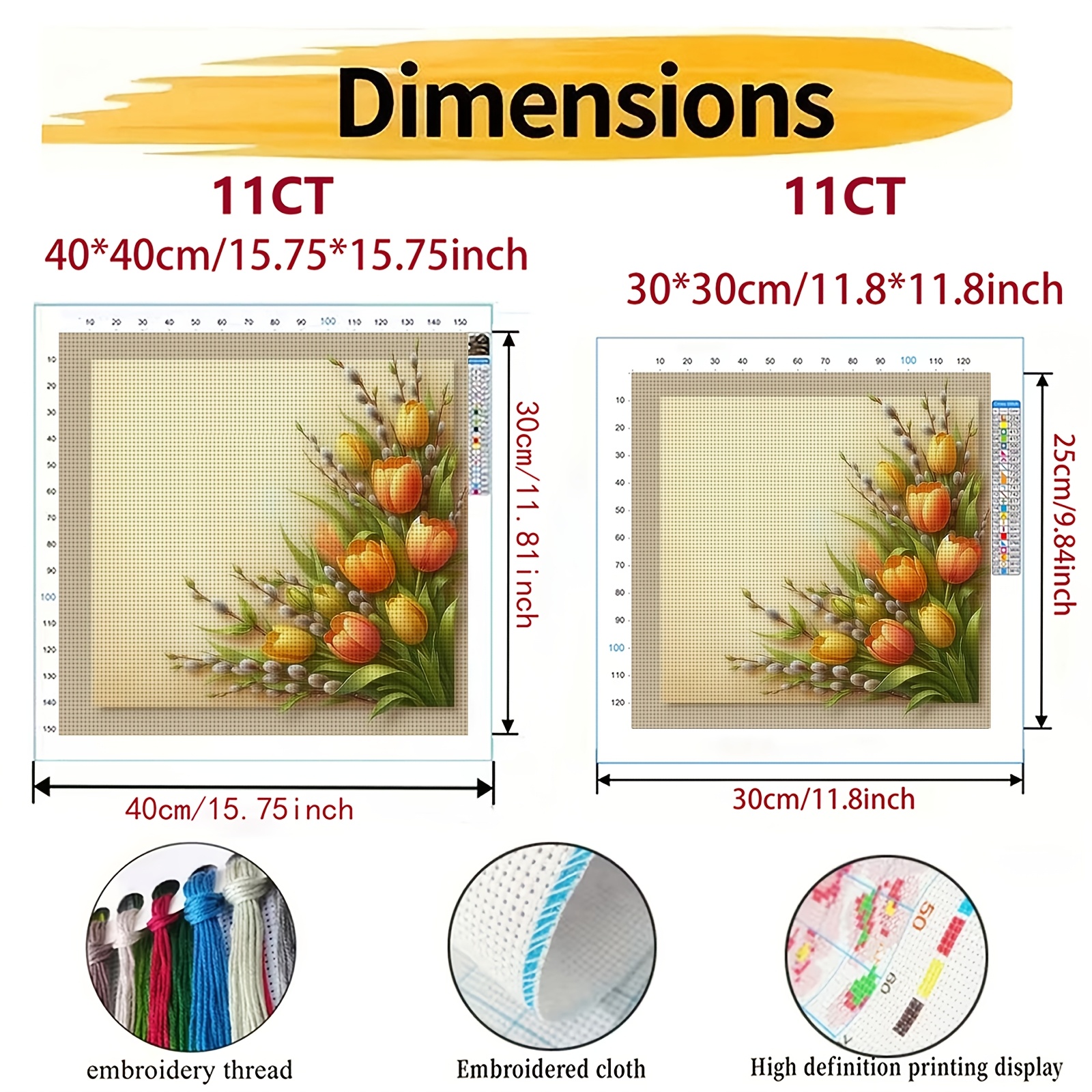 Cross Stitch Print Kit, Orange Yellow Tulips and Willow Buds