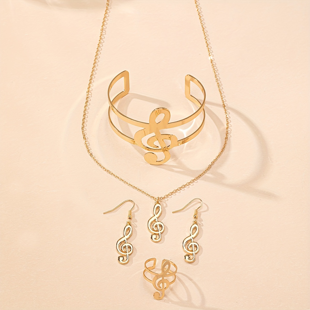 TEMU Elegant Music Note Jewelry Set: A Chic Necklace, Dangling Earrings, A Statement Bracelet, And A Ring, Perfect For Everyday Wear And Music Festivals