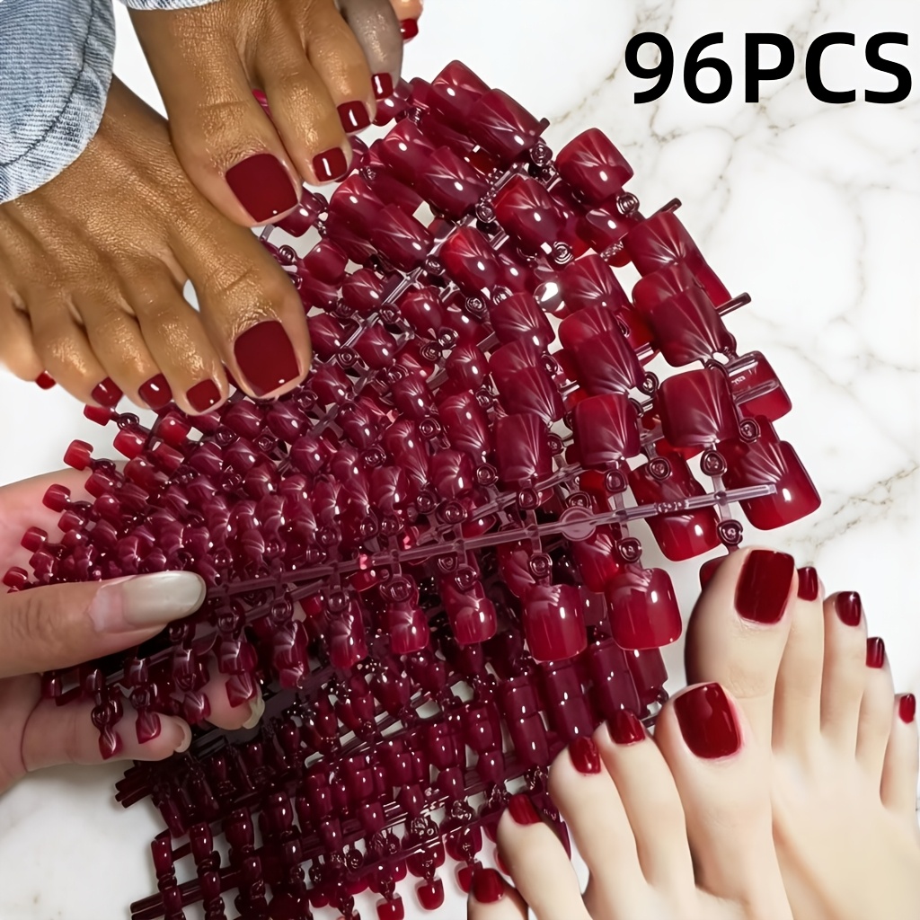TEMU 96pcs Burgundy Red Nail Stickers - Short Square Glossy Red False Nails For Toes, Easy-to-use Set For Women, Complete Manicure/pedicure Kit For