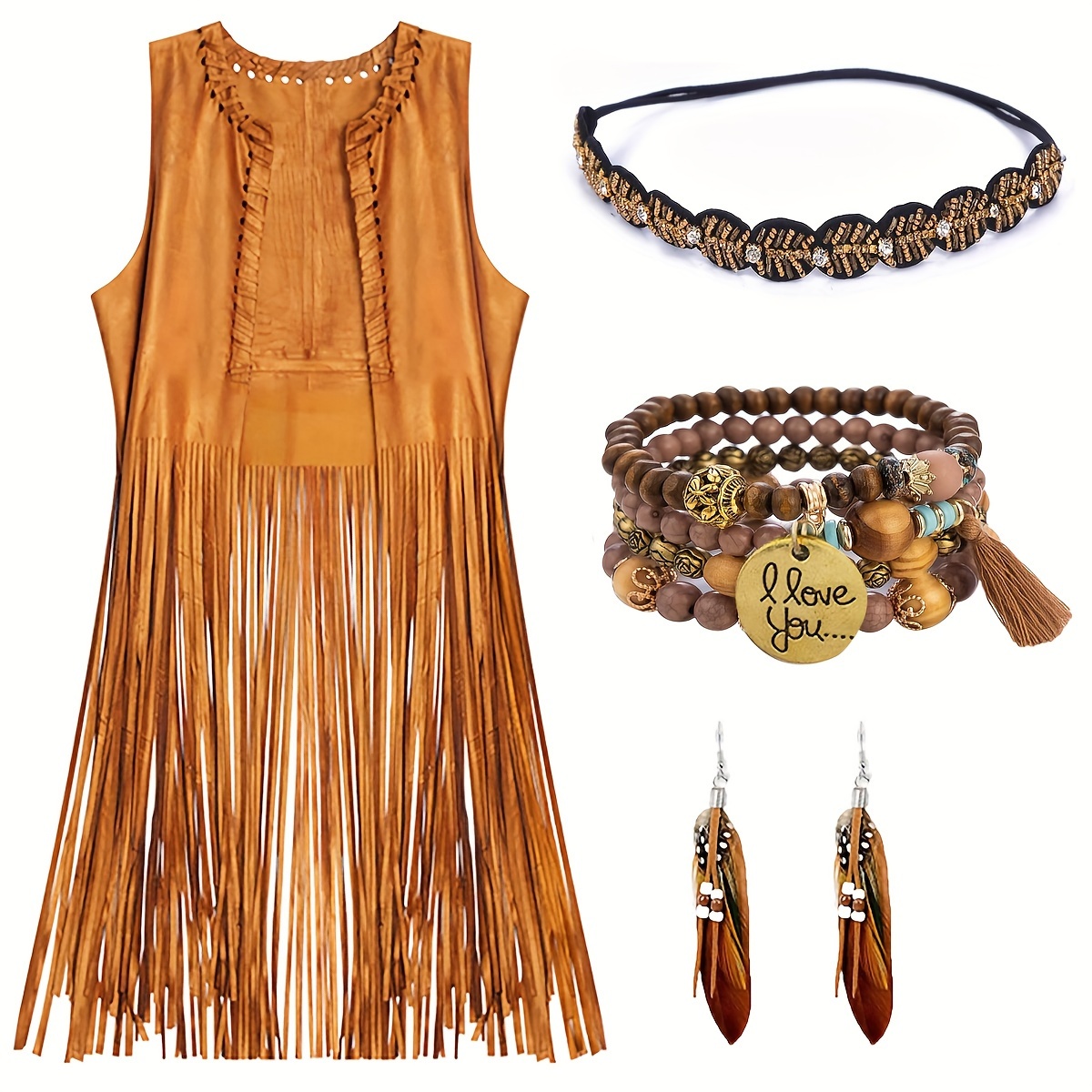 

60s 70s Outfits For Women Hippie Costume Clothes Woman Cowgirl Halloween Costumes Accessories 4pcs Set, Fringe Vest, Boho Crystal Headband, Wooden Bead Bracelet, Bohemian Earrings