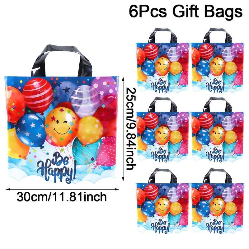 E-shop 6er-Pack "" Geschenktüten mit Griffen, 30 x 25 cm, bunte Ballons und Sterne Muster, Plastik Handtasche Tragetasche für Geschenke, Verpackung,