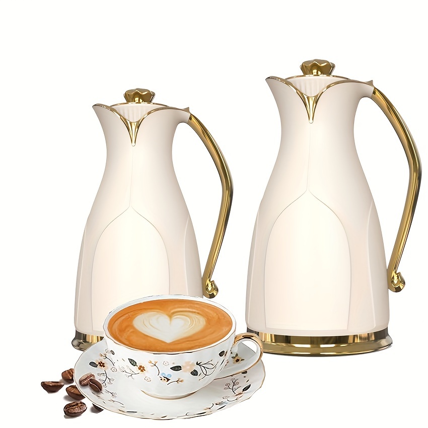 elegant double walled insulated coffee carafe with golden   white ceramic thermal   vacuum sealed for hot cold beverages ideal for tea coffee enthusiasts coffee bar accessories details 0