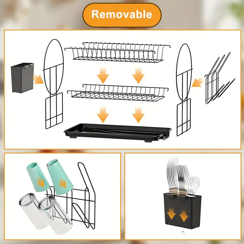 1pc dish drying rack 2 tier rack with for kitchen countertop dish drainer with utensil holder and cup holder space saving roud shape decorate black Product details 1