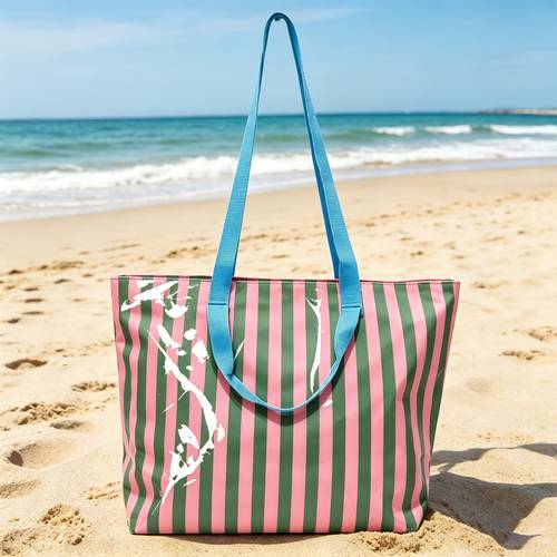 1pc pink green striped beach tote bag large capacity shoulder bag casual travel handbag with inner zipper pouch suitable for beach pool and daily use