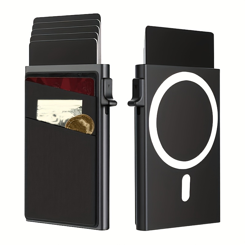 TEMU Men's Rfid Blocking Magnetic Card Holder - Slim Automatic Pop-up Wallet With , Black For Holidays & Everyday Use, Wallet Card Holder, Modern