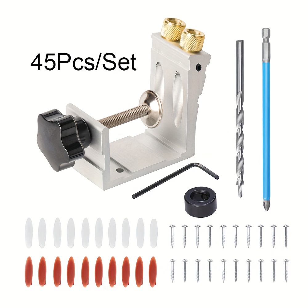 45-Piece Pocket Hole Jig Set – Metal Woodworking Angle Drill Guide Dowel Kit – Carpenter&#39;s Screw Joint Locator Tool – Manual Power-Free Operation