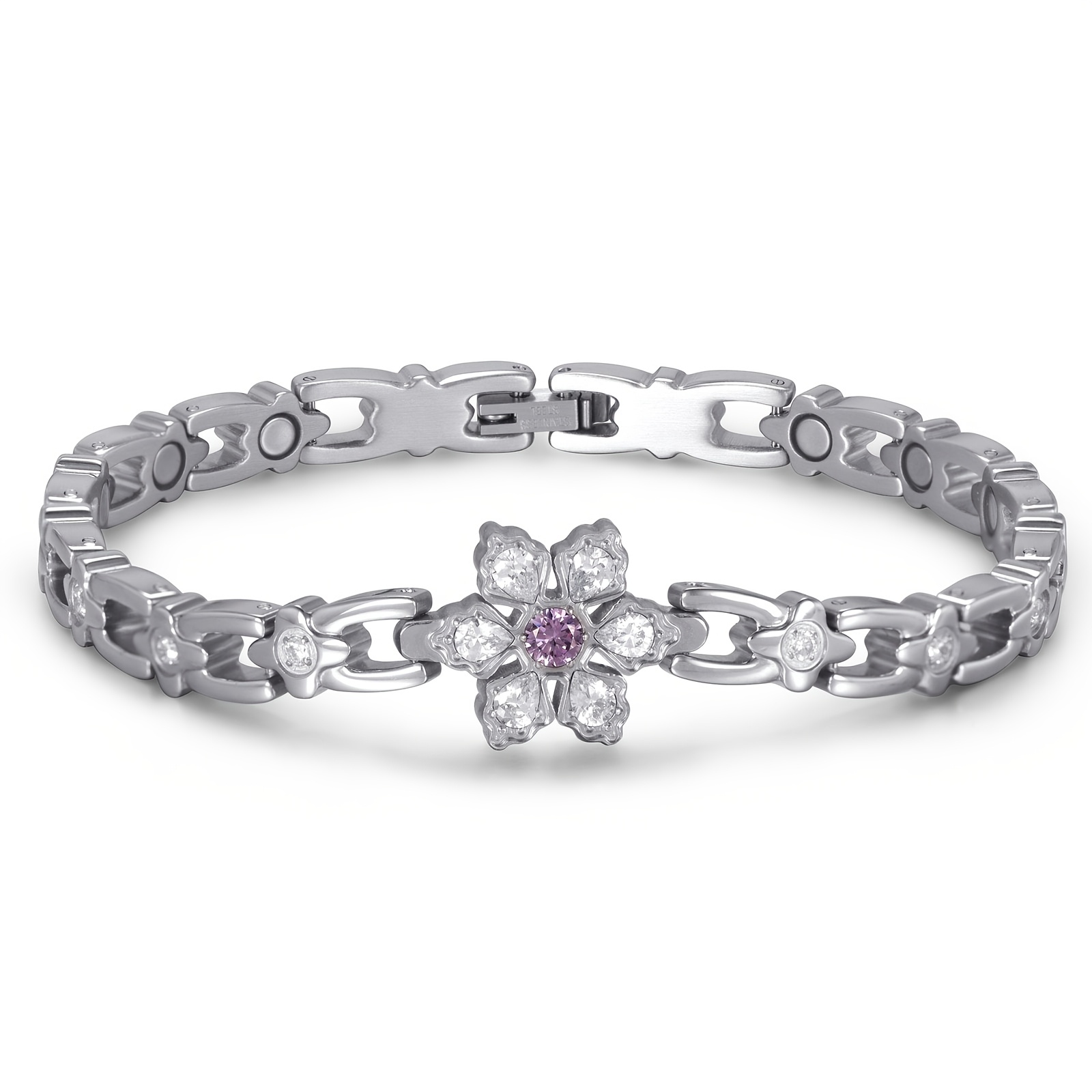 Image of Rainso Women's Magnetic Snowflake Bracelet - Stainless Steel Bracelet - Purple Gemstone And Inlay Design - Adjustable Size With Gift Box -holiday Gifts For Her