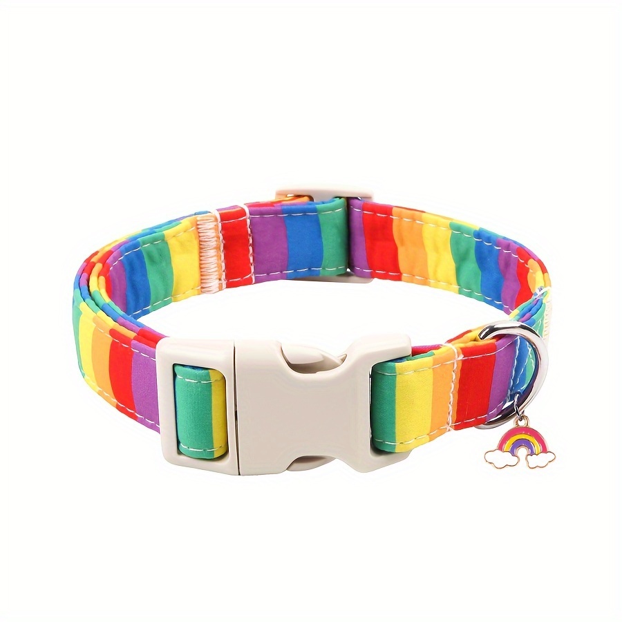 Rainbow Striped Dog Collar Release – Adjustable, Soft, And Polyester Pet Collar For Small To Large Dogs, Includes Rainbow Charm Pendant, Boys And Girls