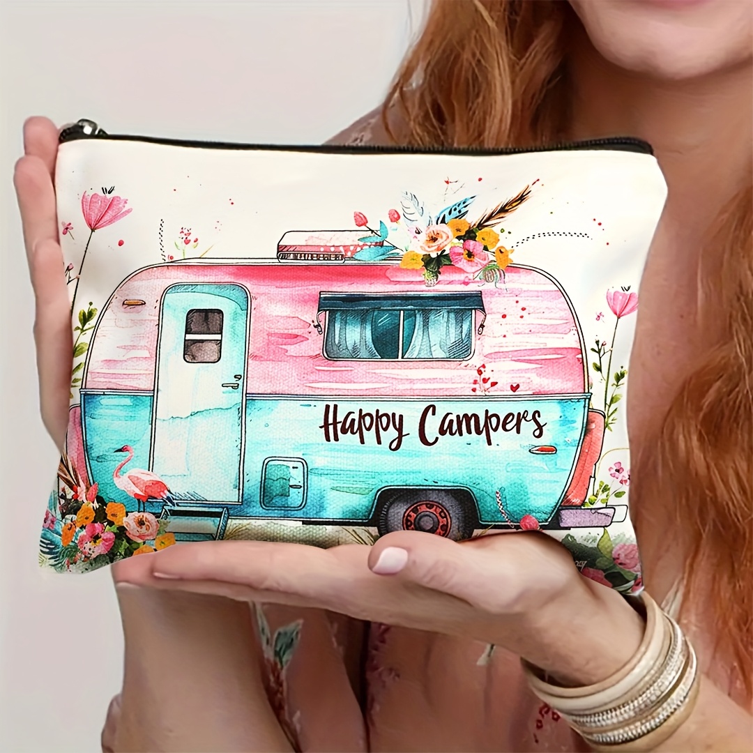 E-shop 1 Stück Kosmetiktasche - Vintage Wohnwagen Design mit floralen Akzenten, leichte Polyester Kosmetiktasche für Reisen, Urlaub, Business, Fitness