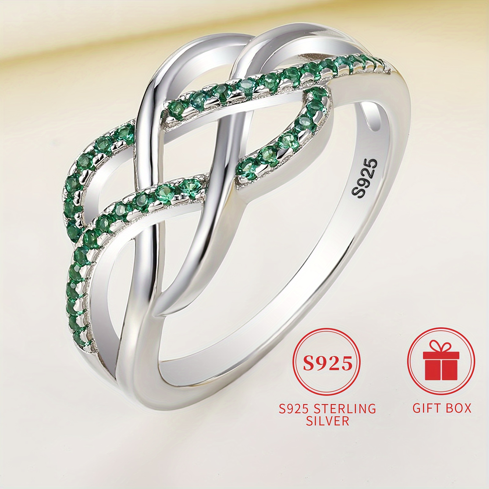 

Gift Box S925 Pure Silvery Elegant And Fashionable Ring Set With Green Synthetic Zirconia Low Allergy Nickel-free Knot Ring Wedding, Party And Valentine's Day Gift