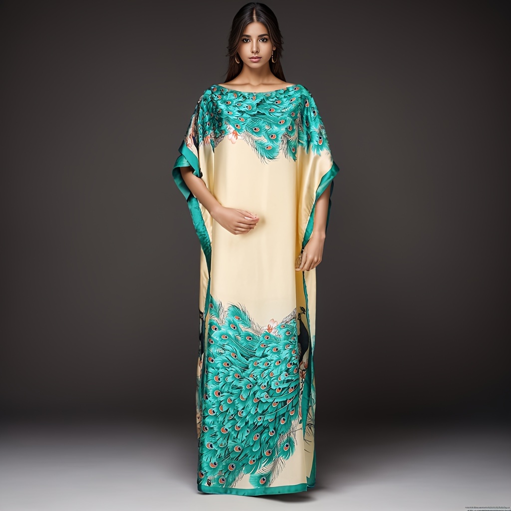 

Women's Elegant Kaftan Dress With Peacock Print, Ethnic Style African Robe, Mature Style Loose Long Dress