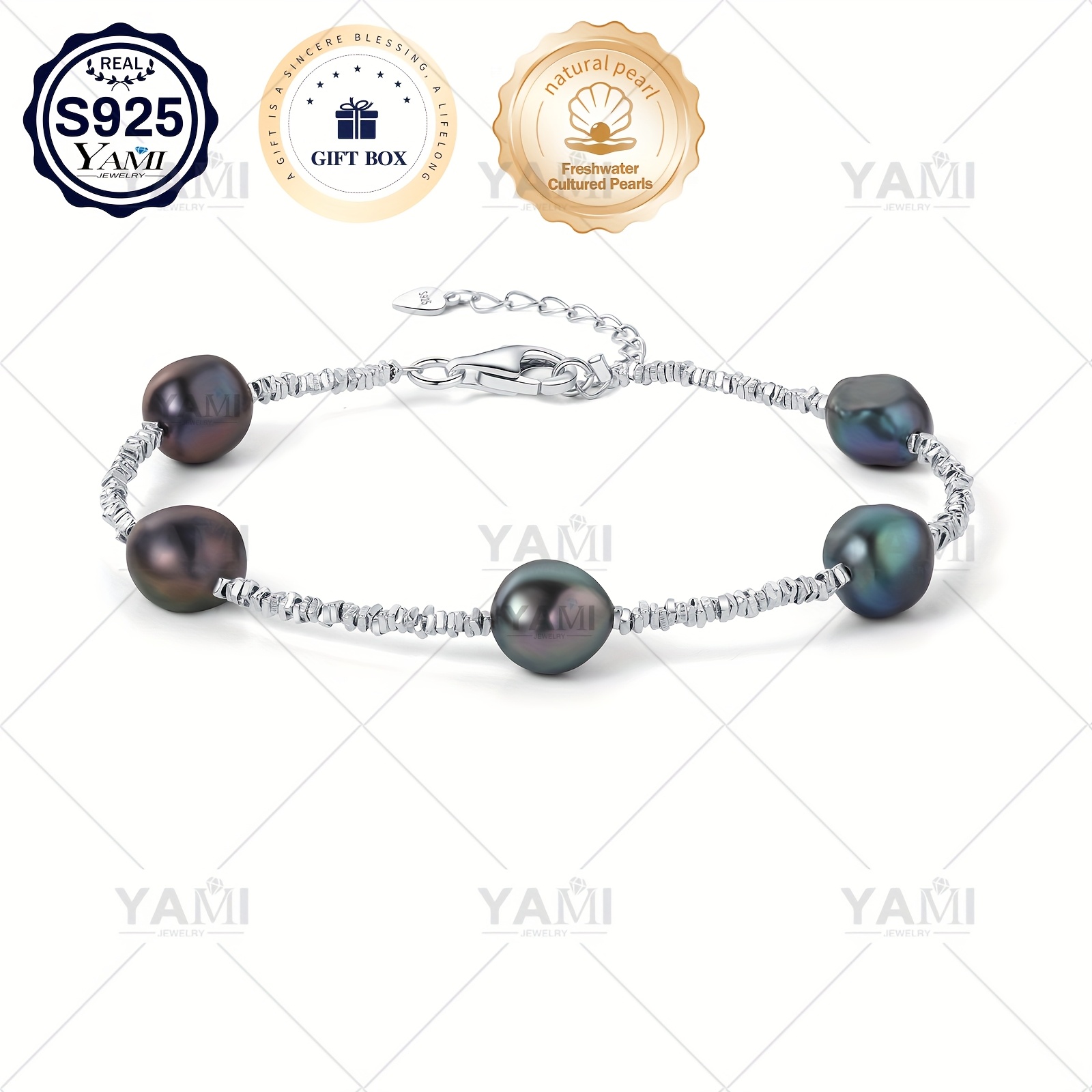 Image of Handcrafted, Black Baroque Bracelet In Broken Silvery, Natural, Adjustable Chain Length, Elegant And Versatile, Suitable For Casual Wear On A , As A Gift For Festivals, Birthdays Or Anniversaries