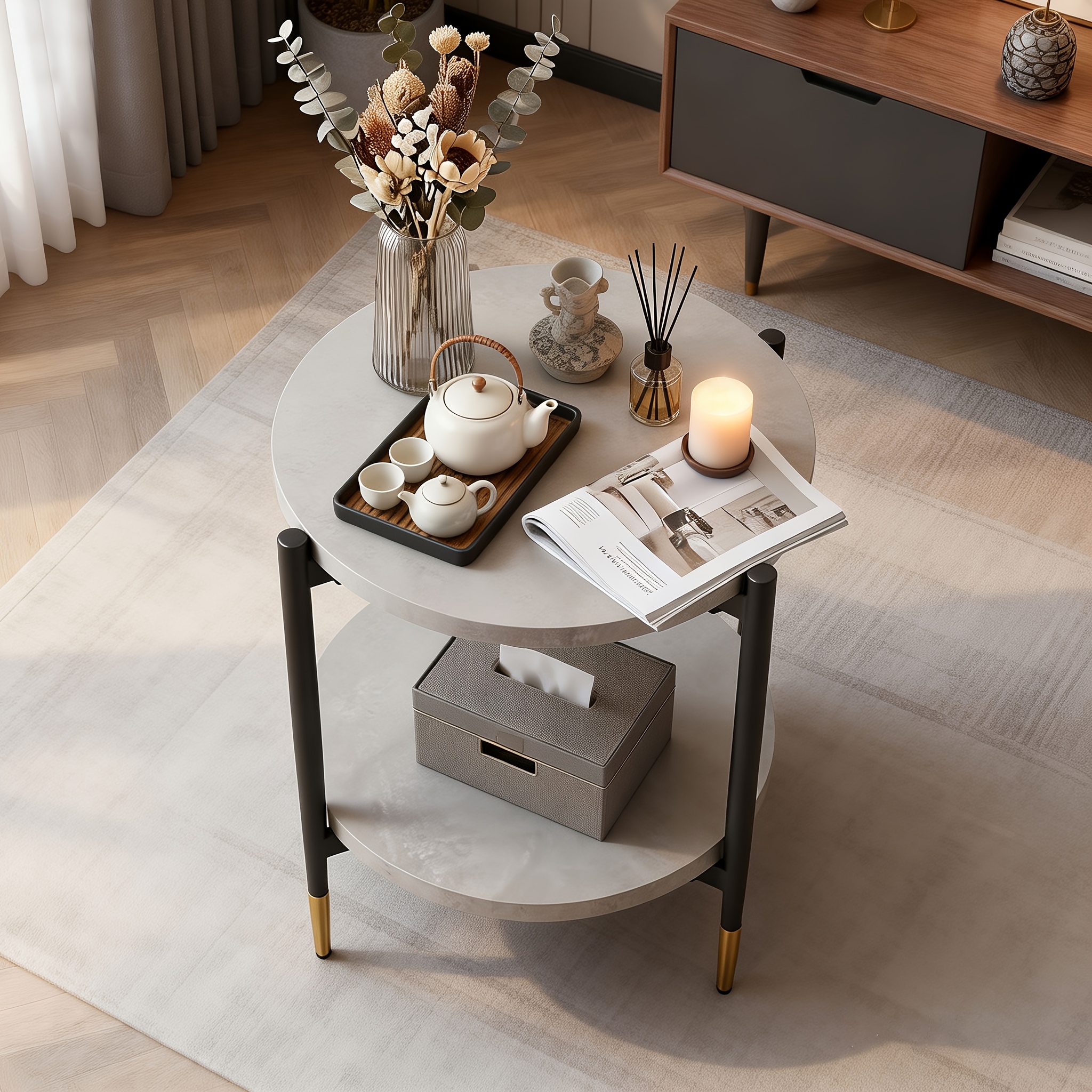 Image of Upgraded Thicker Edge Side Table (with Double Layer Storage), A Circular Coffee Table Suitable For Bedroom Or Study Room Decoration, Designed To Conveniently Store Water Cups, Mugs, And Small Items