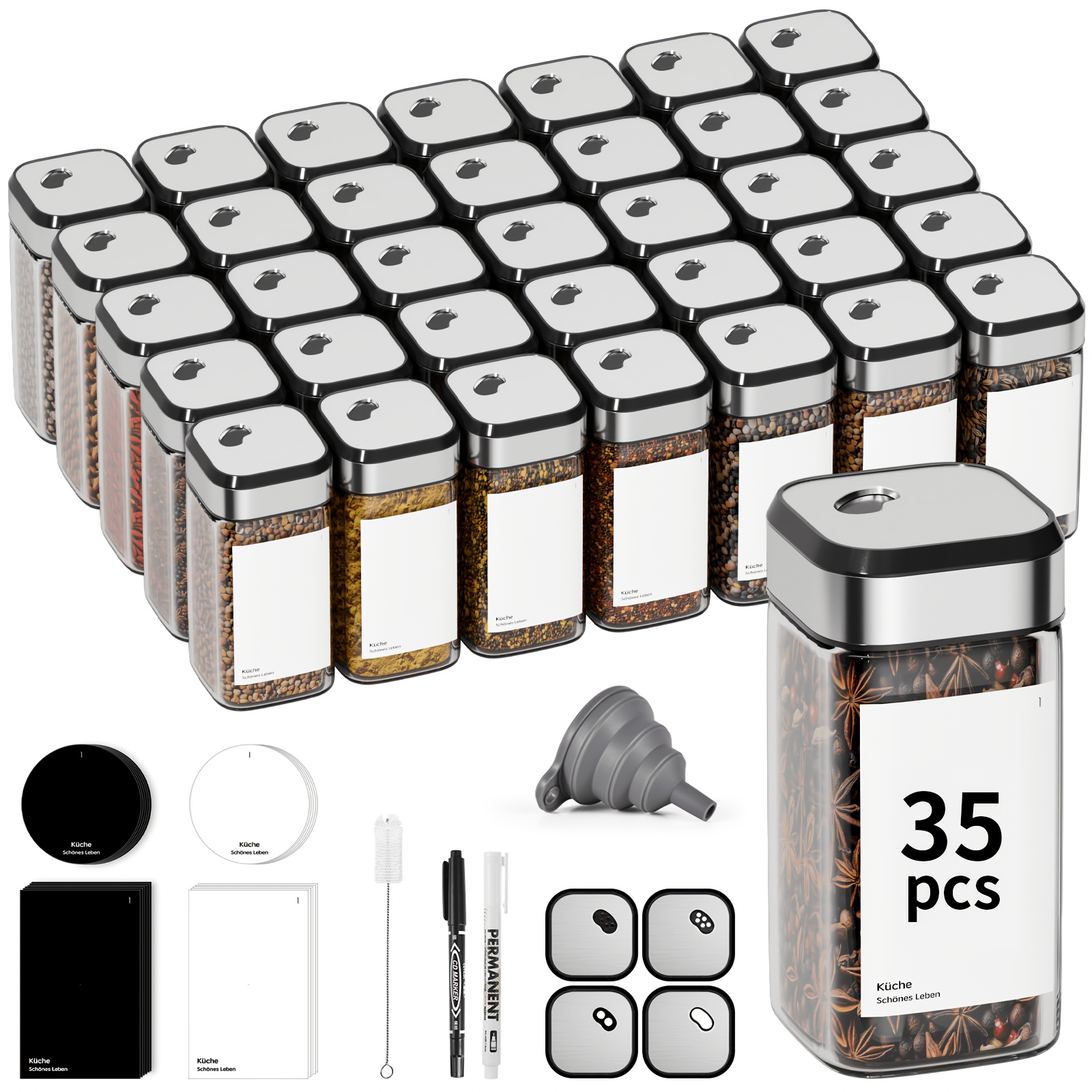 Miorkly 35pcs Square Spice Jar Set, 120ml Spice Jars, Screw-top Jars, Airtight, Stainless Steel And Glass Spice Jar Storage Set, Includes A Funnel, Labels And A Pen