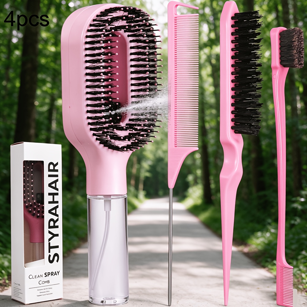 TEMU 2/4pcs Refillable Fine Mist Spray Hair Brush Set Anti- Free Detangling Spray Styling Comb Rat Tail Comb Teasing Brush Edge Eyebrow Brush For Wet