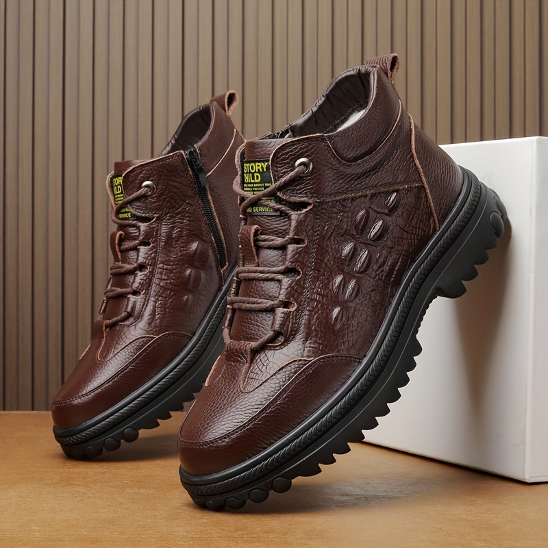 mens premium genuine   ankle boots comfortable warm fleece lined winter snow shoes   casual hiking footwear solid color with lace up closure round toe non slip rubber sole 1