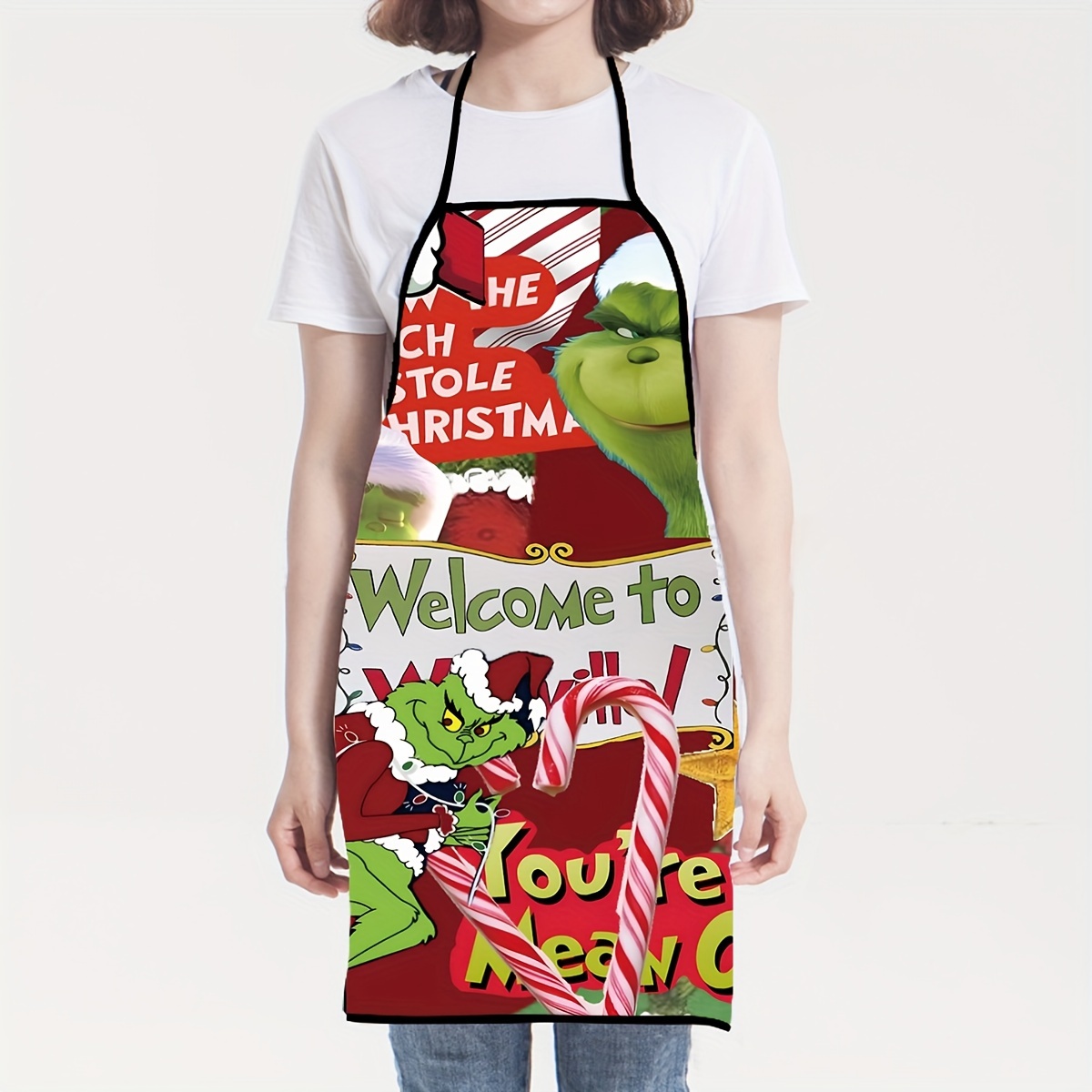 

Christmas Cartoon Characters Themed Chef Apron - Polyester, Woven, Waterproof & Oil-proof With Pockets, Durable Cooking Apron For Unisex Kitchen Use, Festive Protection For Cooking Enthusiasts