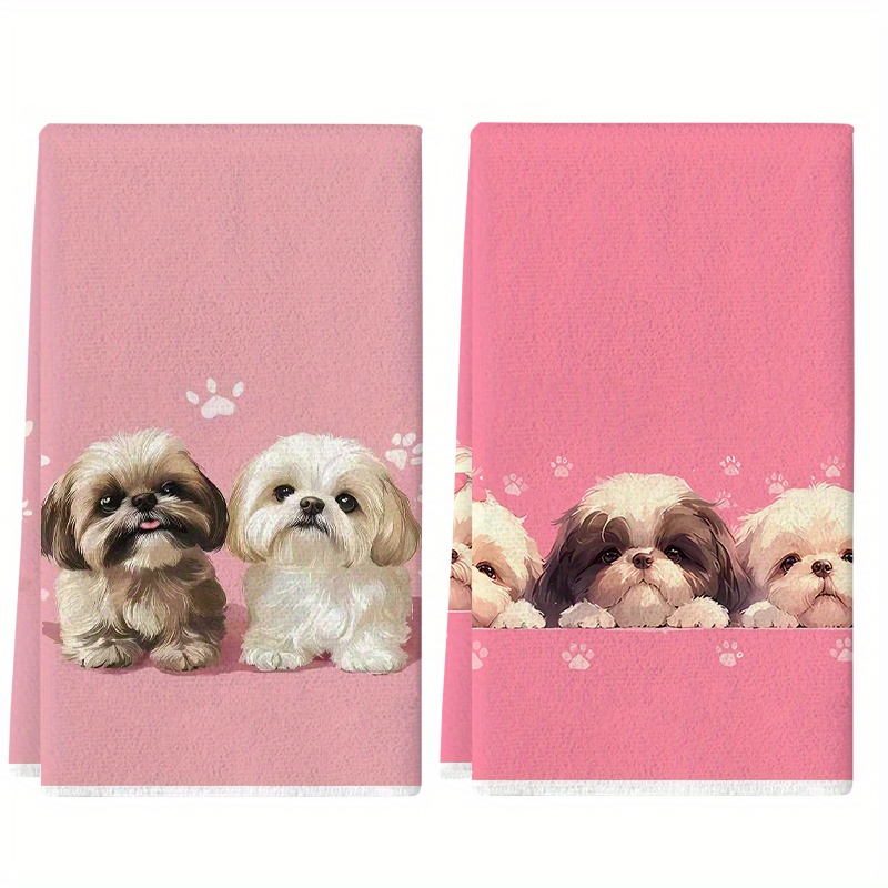 TEMU 2pcs Pink Shih Tzu Dog, Suitable For Cooking, Baking, Housewarming Gifts, And Bathroom Use, Bath | Holiday Decorative Towels | Durable Kitchen