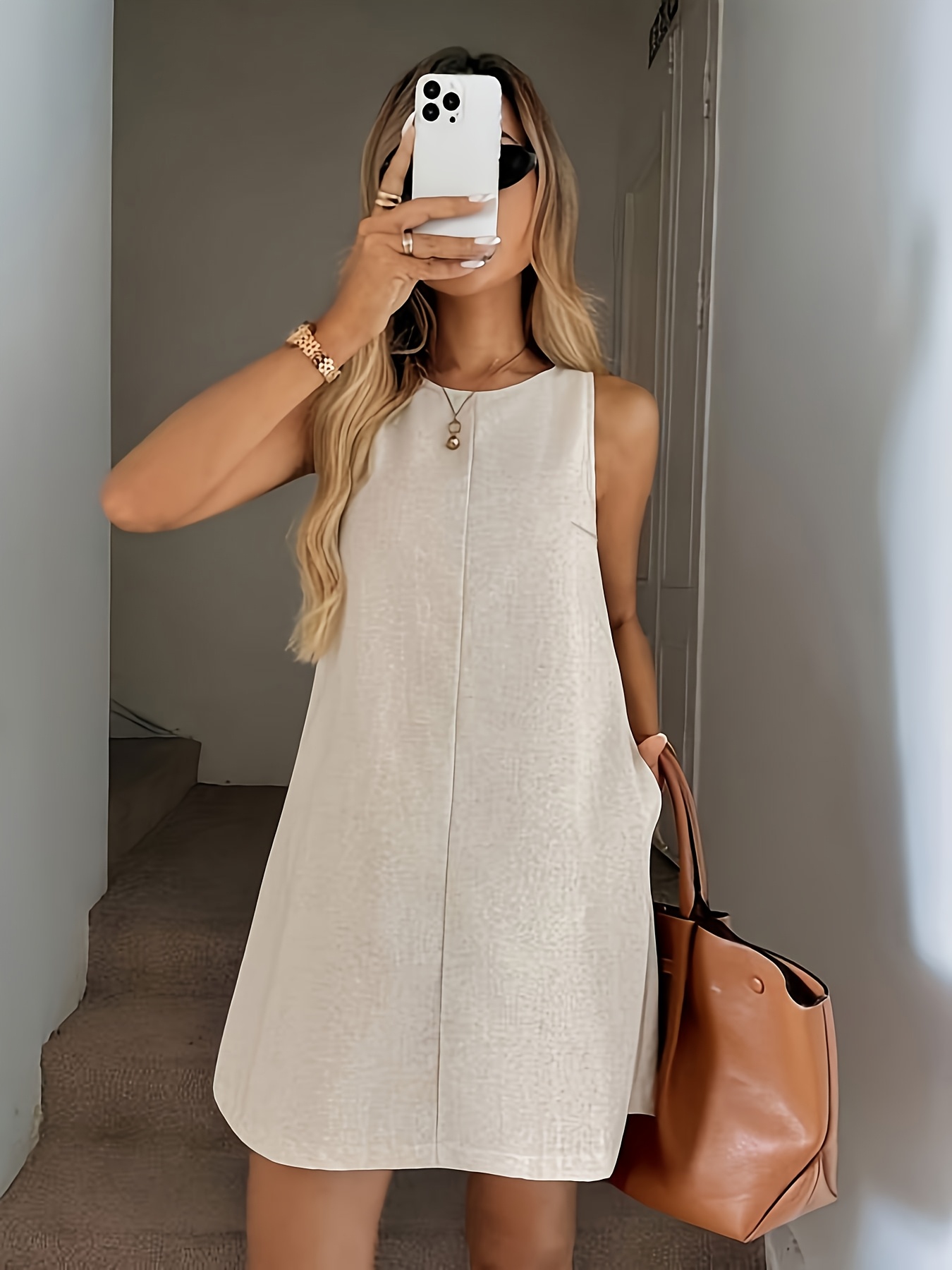 round neck sleeveless quilted pocket casual linen dress - Temu Mauritius