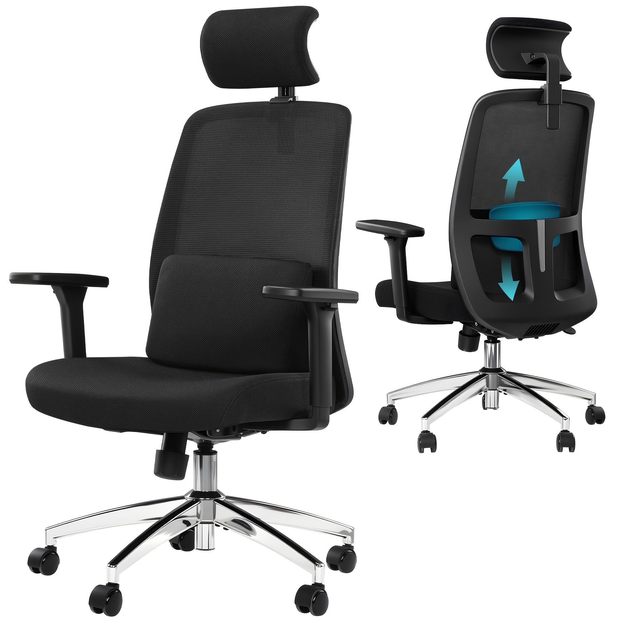 Ergonomic Office Chair, Computer Chair, Swivel Chair With Mesh Upholstery, Adjustable Lumbar And Headrest Support, Removable Lumbar Cushion, Height Adjustable, Up To 150 Kg, Black