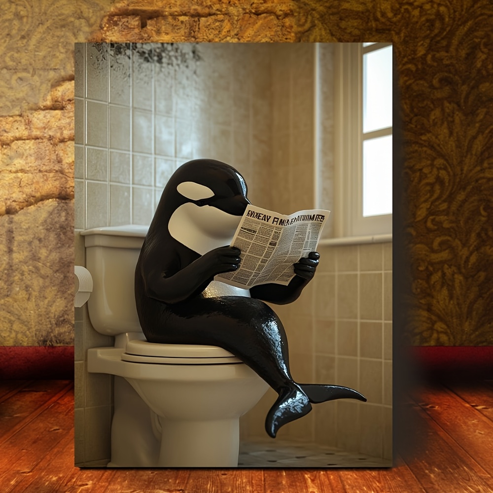 

Whale Bathroom - 8x15" Canvas With Wooden Frame, Humorous Toilet Reading Newspaper Design For Home Decor, Room Decor