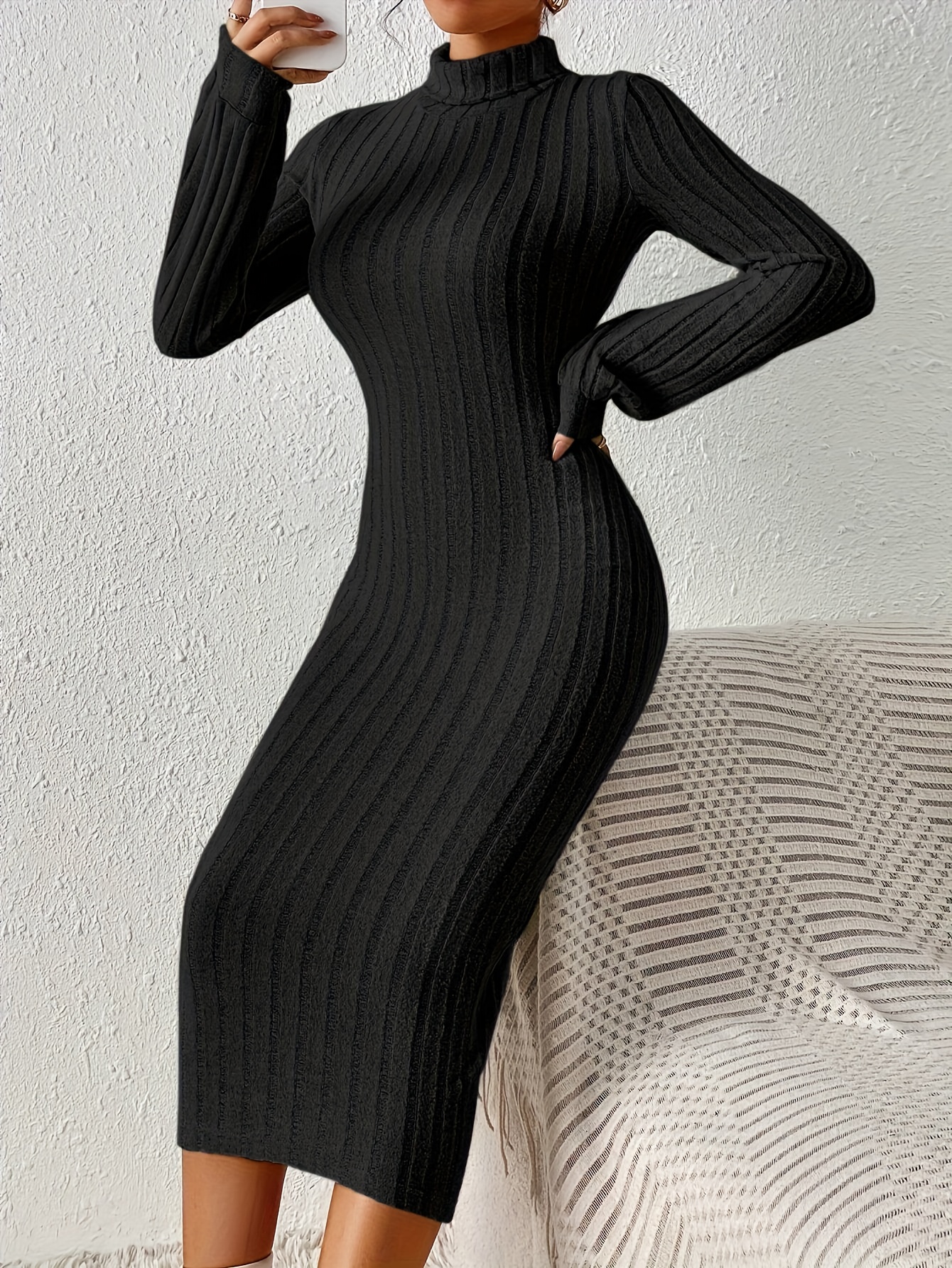 solid color ribbed bodycon dress elegant high neck long - Temu Nigeria
