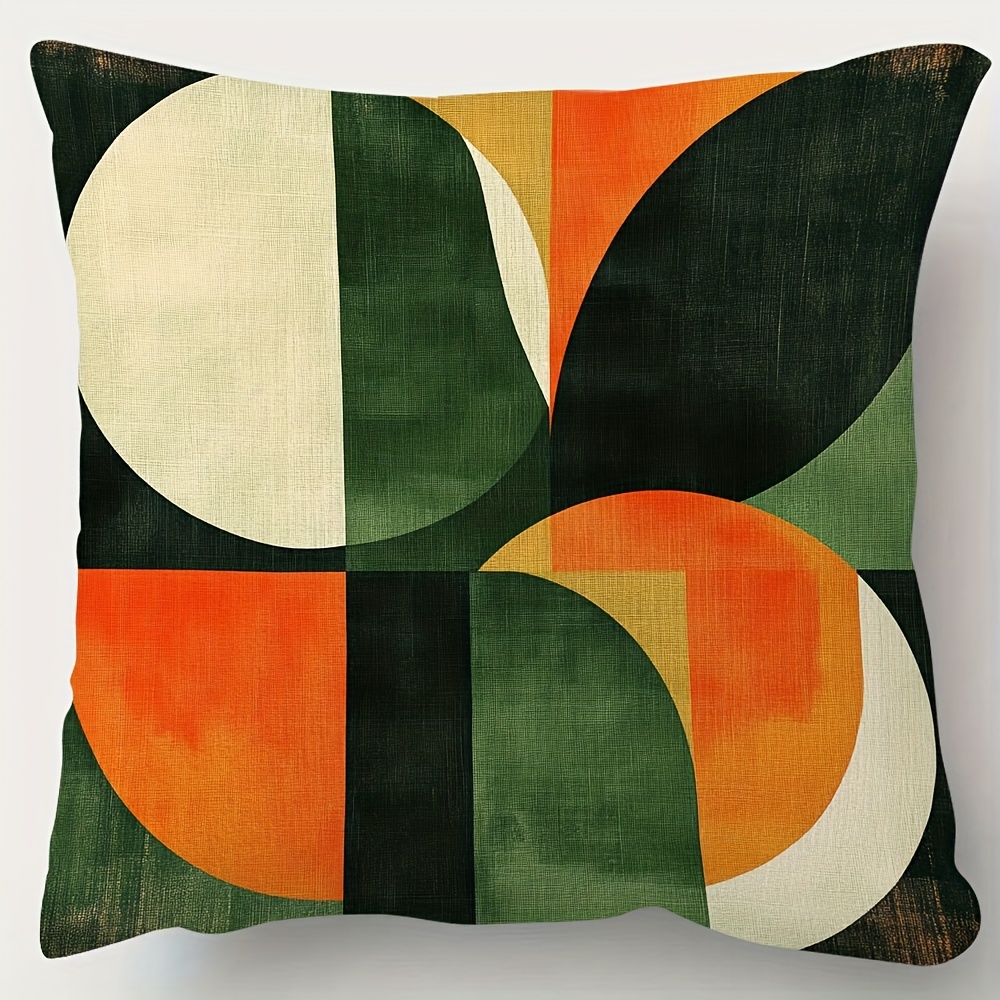 TEMU 1 taie d'oreiller géométrique - 18X18 pouces, peluche courte douce, design rétro vert, orange et blanc, fermeture éclair - Parfait pour canapé,