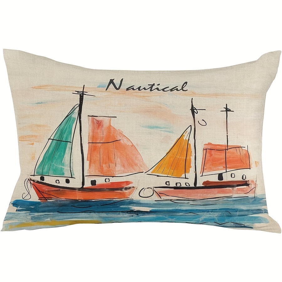 TEMU 1pc Of Nautical-themed Pillow Cover For Upholstery, Featuring A Graffiti Sailboat Design. Made Of Linen, This Bottom Pillowcase Is Suitable For