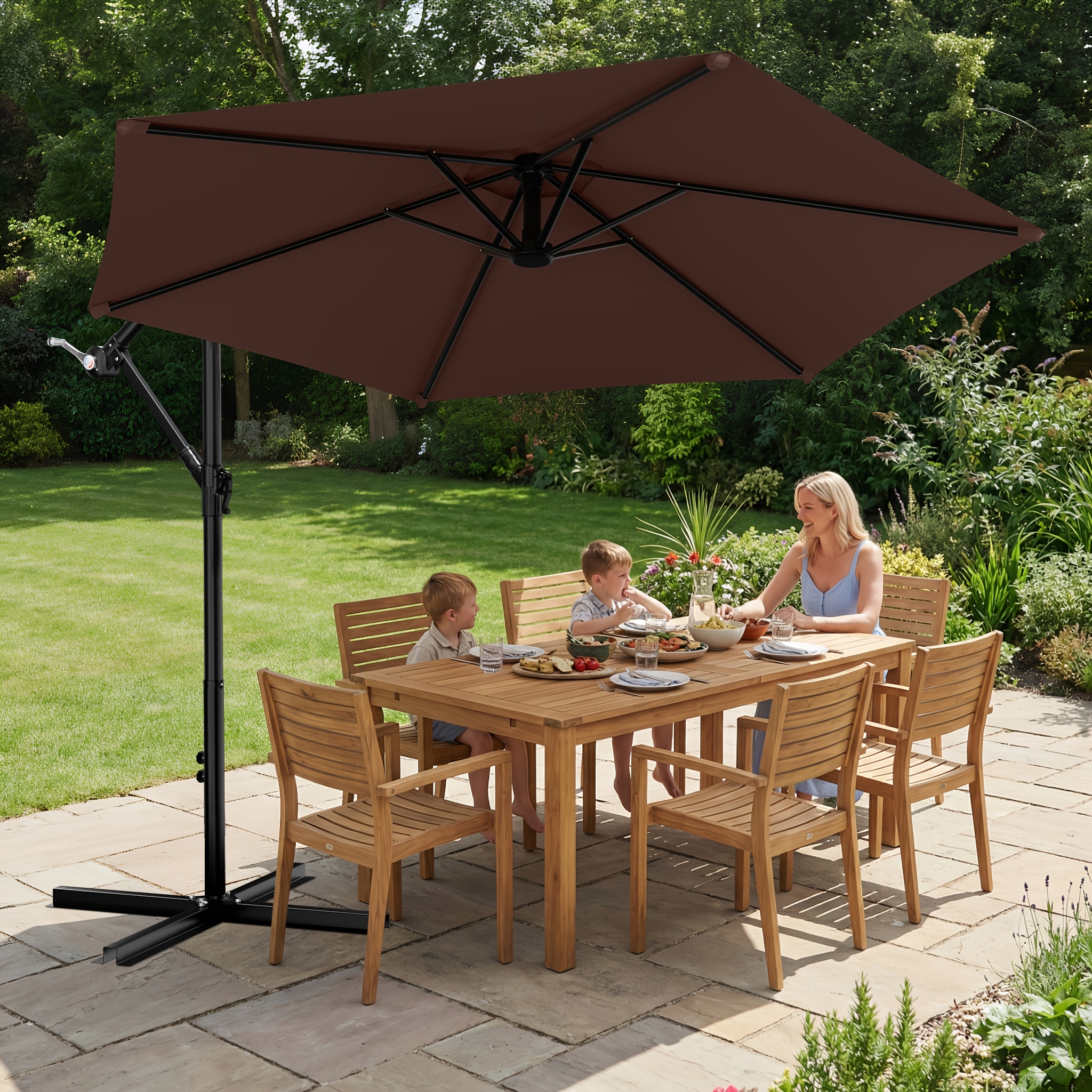 10-Foot Cantilever Patio Umbrella Featuring an Infinite Tilt Mechanism, Offset Outdoor Umbrella with a Cross Base, Durable Crank Lift Market Umbrella Suitable for Yards, Gardens, And Decks (Weighted Base Sold Separately)