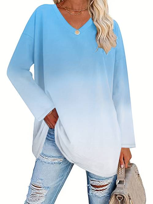 plus size cross border european and american womens clothing trade new loose long sleeve v neck gradient color womens top